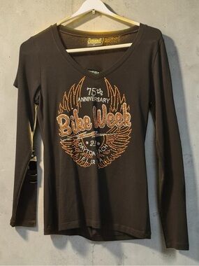 Biker Clothing Women's Black 'Bike Week' Slit back and Sleeve Top size Medium
